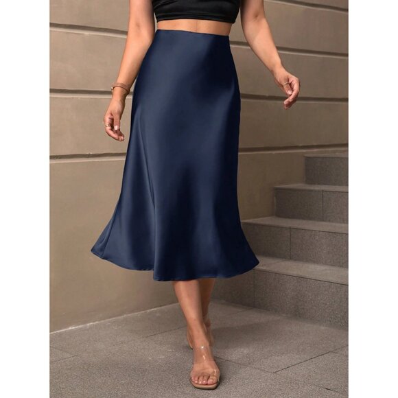 Satin midi skirt long minimalist luxe classy navy blue - Picture 1 of 4